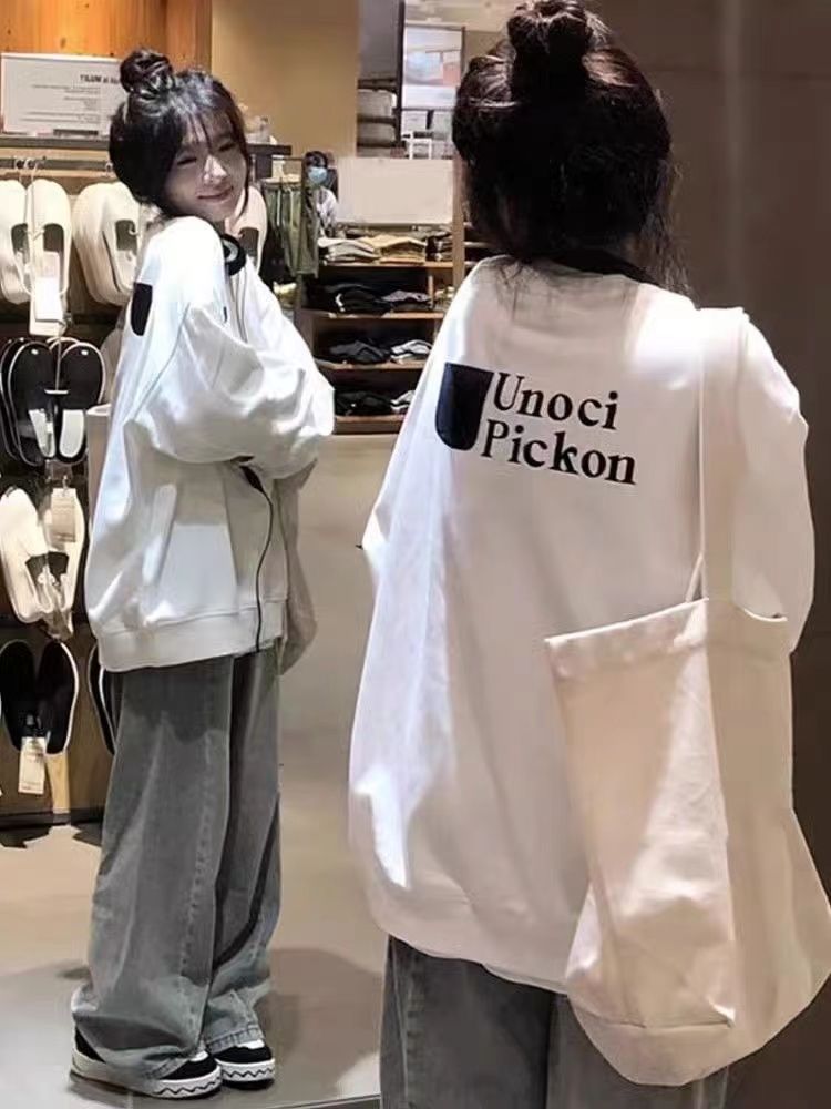 圓領衛衣女字母印花簡約風甜美秋冬加絨加厚寬鬆上衣潮牌校園風