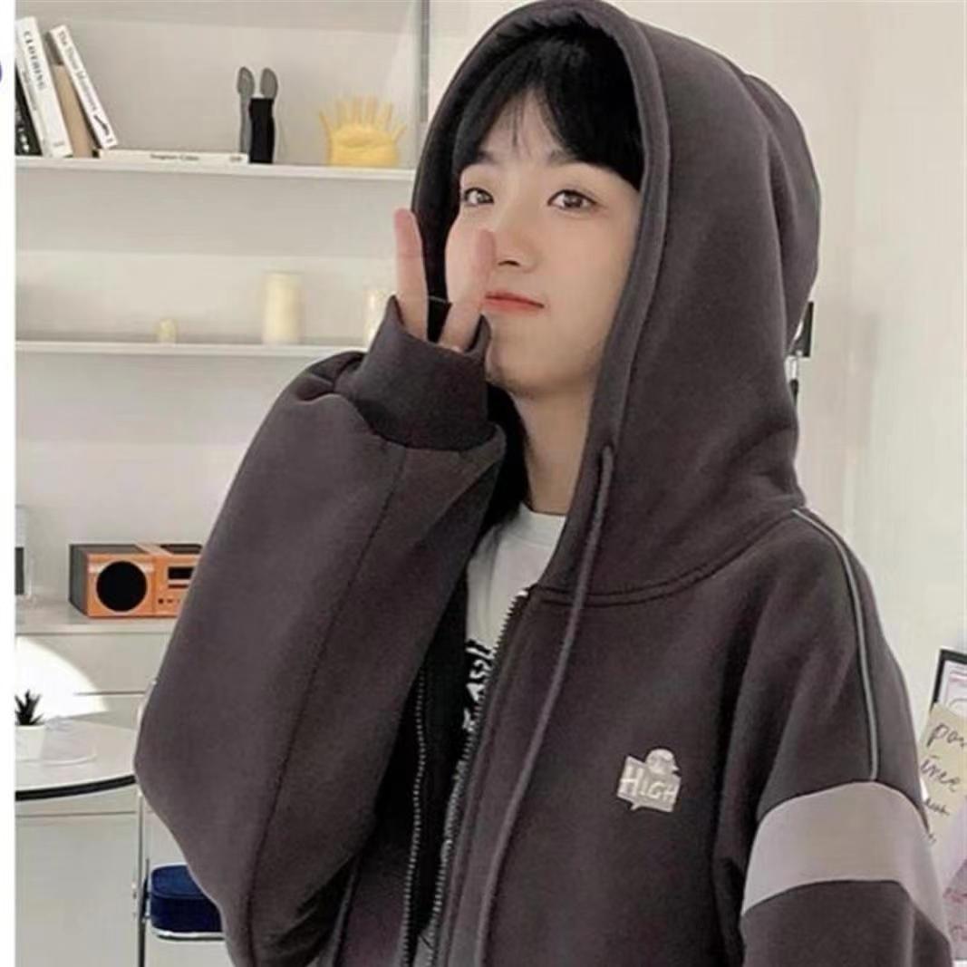 Autumn and winter velvet thickened jacket for female students, lazy style, loose, Korean version, versatile cardigan, hooded sweatshirt, trendy