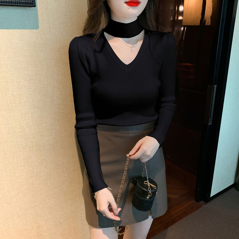 氣質露鎖骨掛脖半高領針織打底衫女秋冬2023新款內搭爆款毛衣上衣