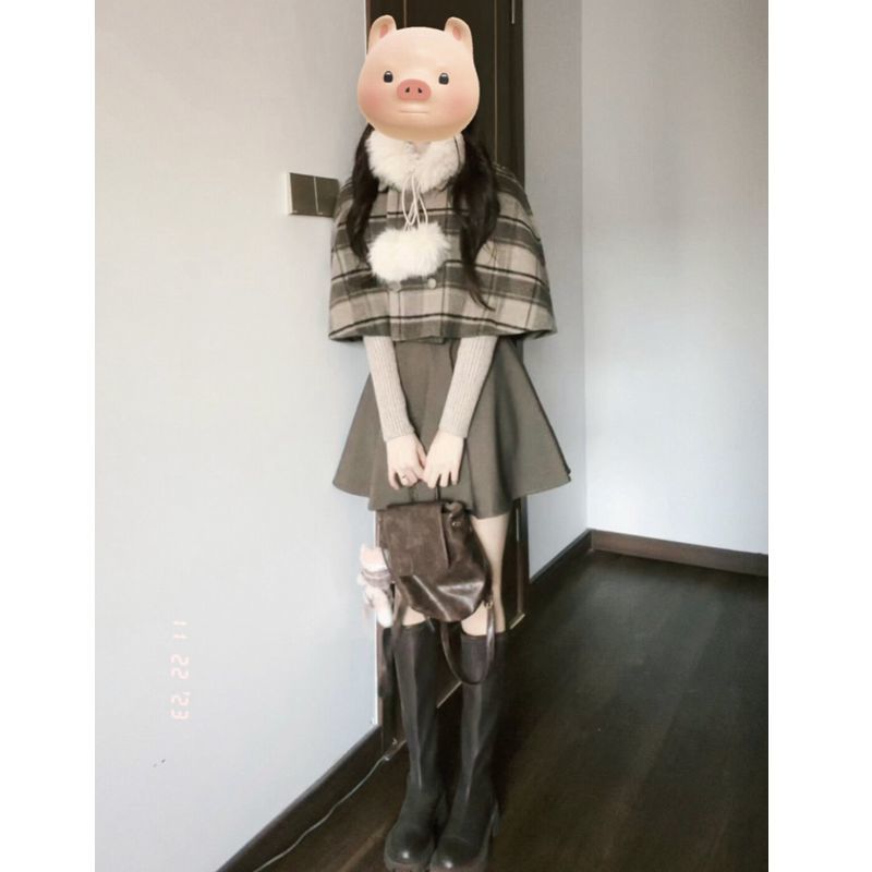 三件套女秋冬花邊打底拼接針織短上衣壓褶背帶裙拼接斗篷外搭套裝