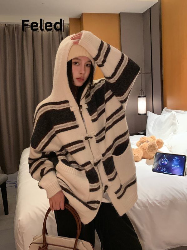 飛拉丹頓寬鬆顯瘦條紋小眾設計感針織開衫毛衣外套男女高級感上衣