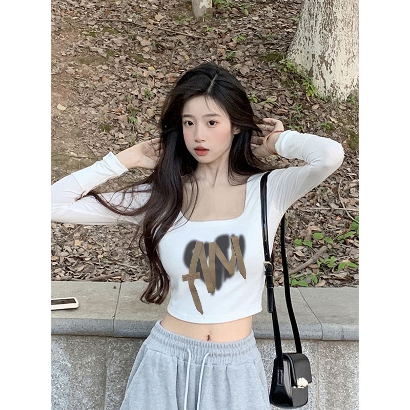 純欲風辣妹u領長袖t恤女秋季高腰露臍白色內搭打底衫修身短款上衣