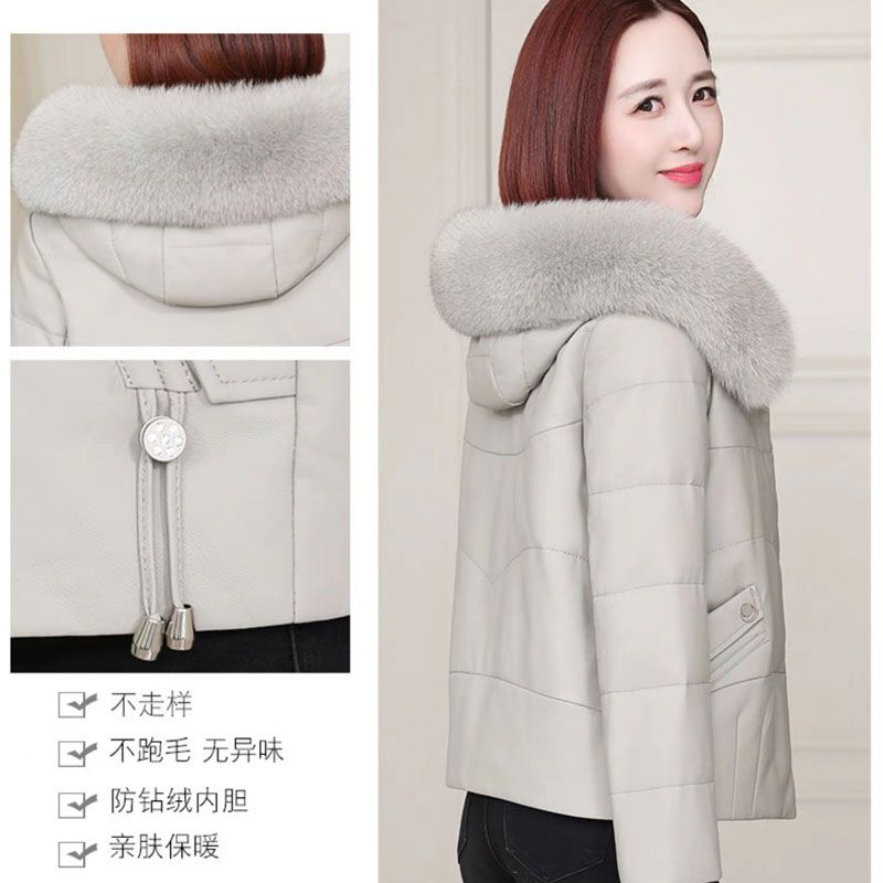 Haining leather jacket plus velvet cold-proof short hooded new winter down jacket fashionable fox fur collar top