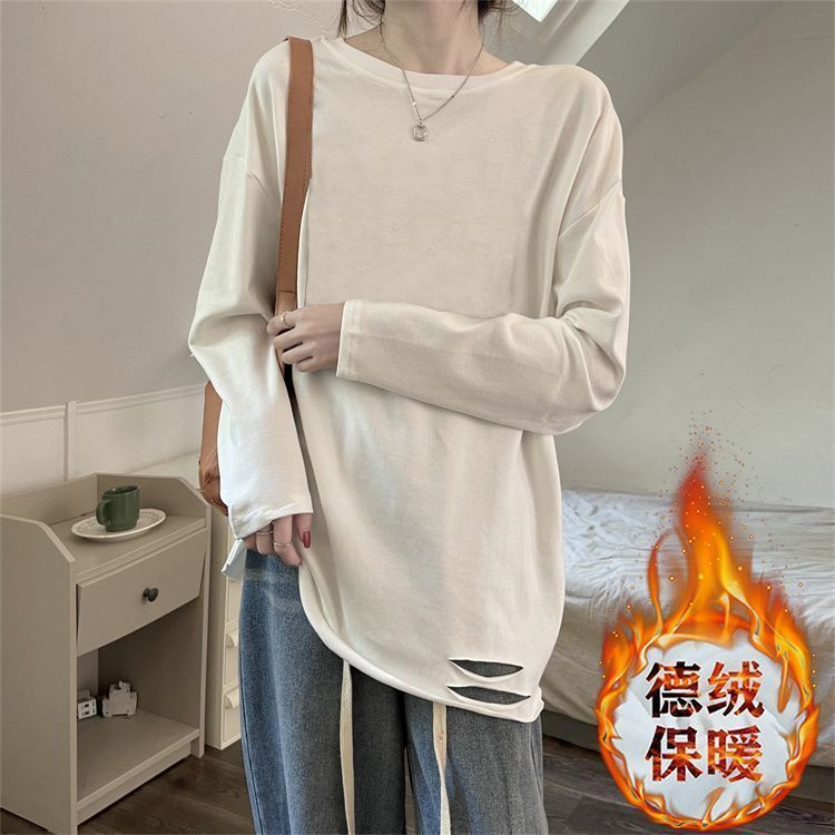 韓版ins下擺破洞長袖t恤女德絨保暖內搭打底衫秋冬中長款寬鬆上衣