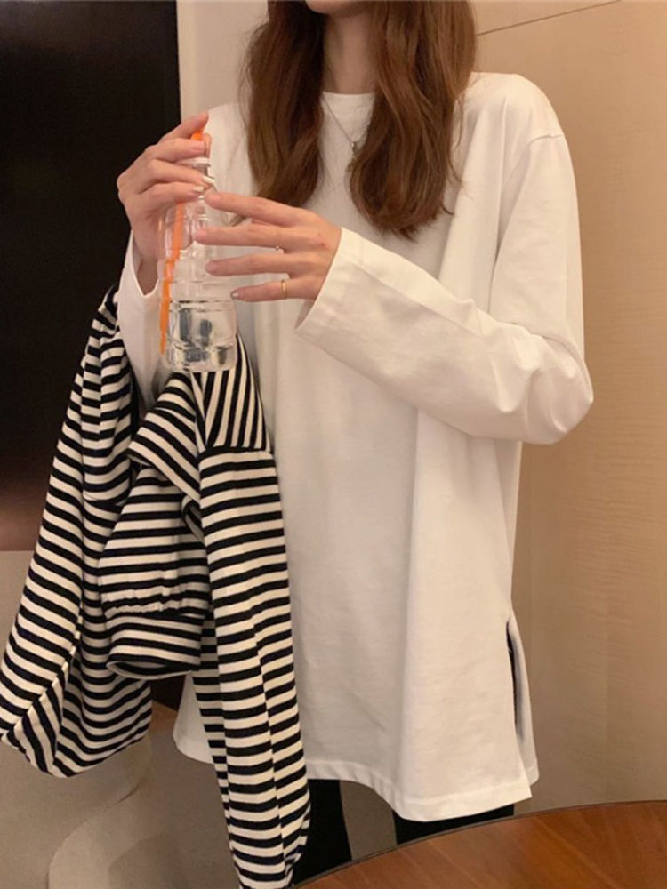 純棉白色T恤女2023年新款韓版春秋寬鬆開叉中長款上衣長袖打底衫