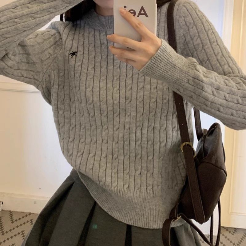 新款圓領麻花針織衫秋冬設計刺繡毛衣女寬鬆顯瘦套頭長袖打底上衣