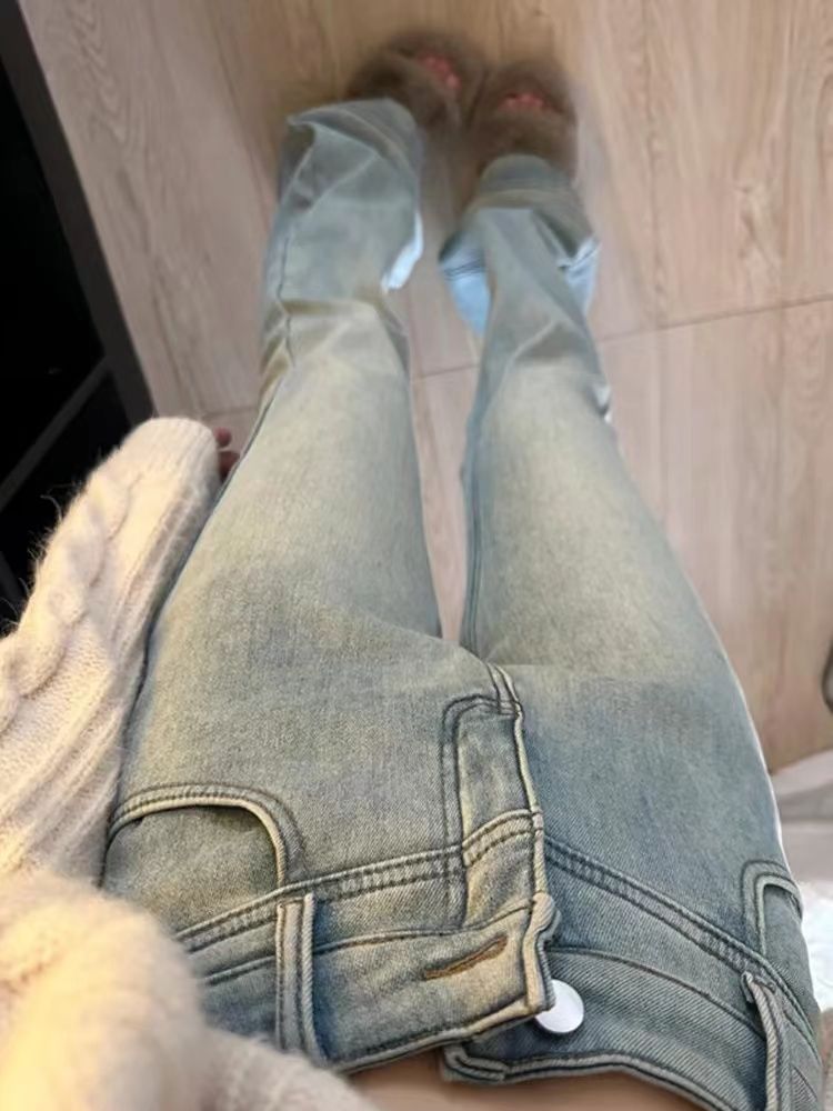 美式辣妹小個子高腰染微牛仔褲時尚新款顯瘦復古喇叭褲拖地淺色