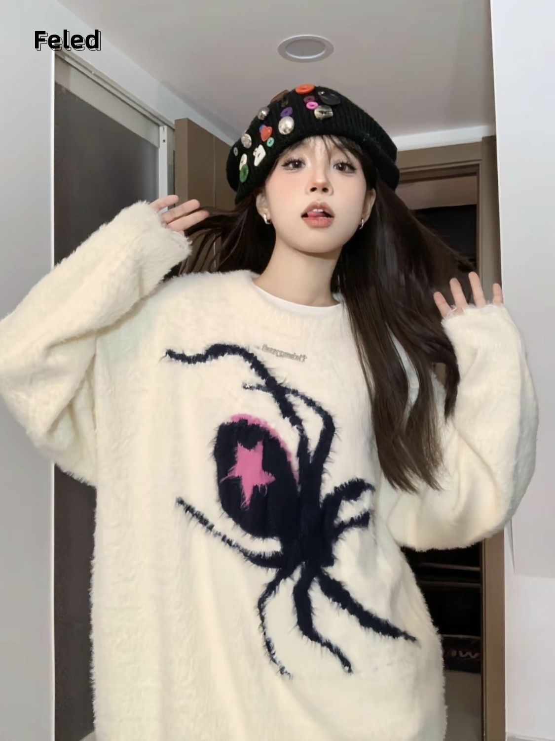 飛拉丹頓國潮高街蜘蛛圓領毛衣男女寬鬆高級小眾設計感情侶針織衫
