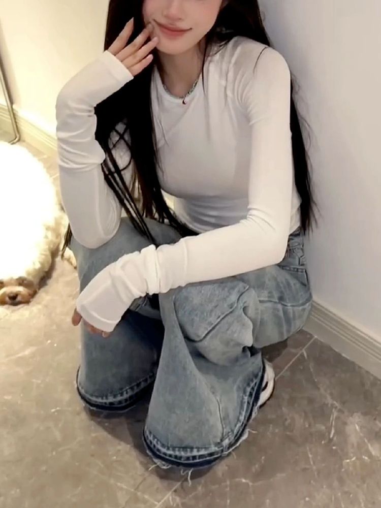 辣妹純欲印花T恤打底衫女秋冬季小個子緊身顯瘦時尚內搭短款上衣