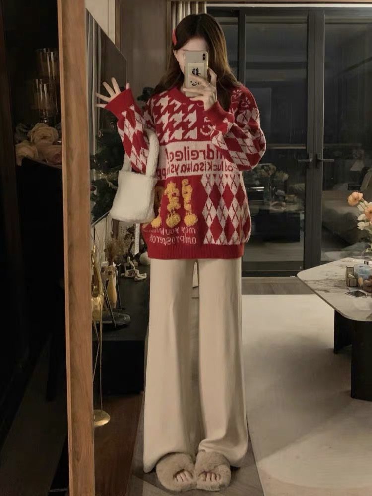 國潮美式hiphop創意植絨情侶毛衣男秋冬設計感慵懶風紅色針織線衫