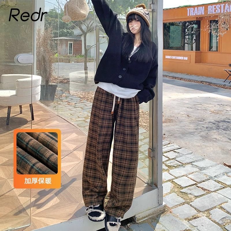 REDR復古格子闊腿褲女高腰秋冬2023新款抽繩鬆緊腰寬鬆直筒休閒褲