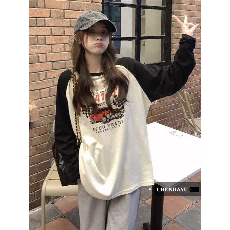 陳大鈺ins復古撞色印花圓領長袖T恤女秋冬新款寬鬆休閒中長款上衣