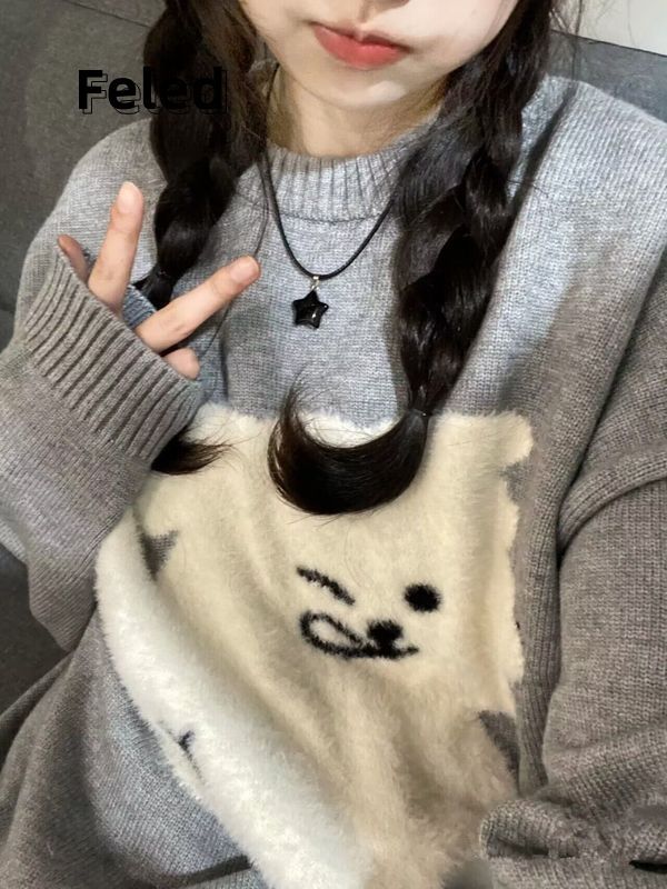 飛拉丹頓美式復古慵懶風趣味卡通小眾設計感針織毛衣男女百搭上衣