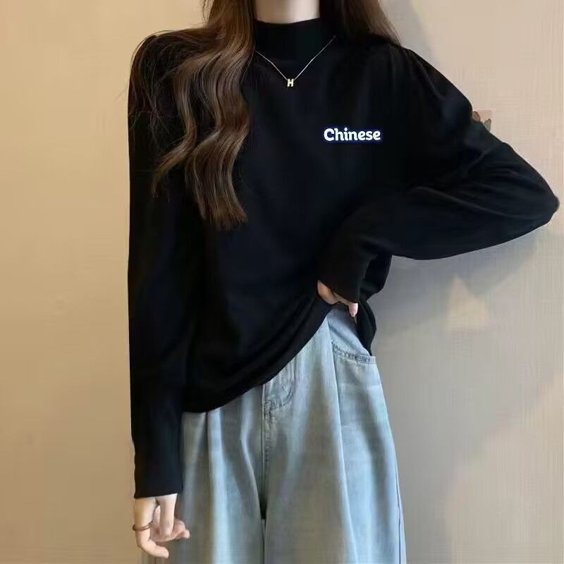 純欲韓版ins風百搭長袖內搭t恤上衣女半高領秋冬季正肩顯瘦打底衫