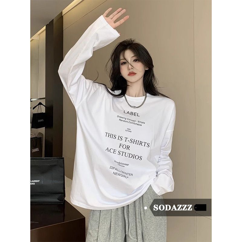 SODAZZZ時髦字母印花圓領長袖T恤女秋冬季新款休閒寬鬆中長款上衣