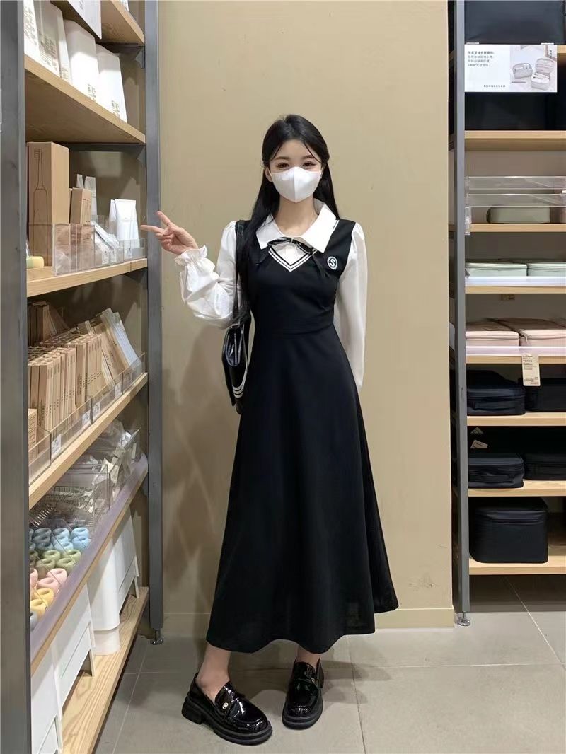 新品大碼女裝韓版學院風連衣裙女秋季新款胖mm遮肚顯瘦假兩件裙