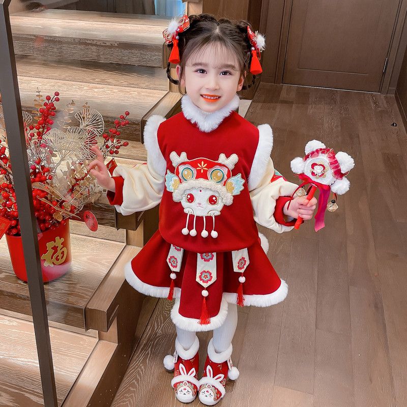 女寶寶龍年拜年服古裝漢服洋氣女小童中國風加絨連衣裙元旦演出服