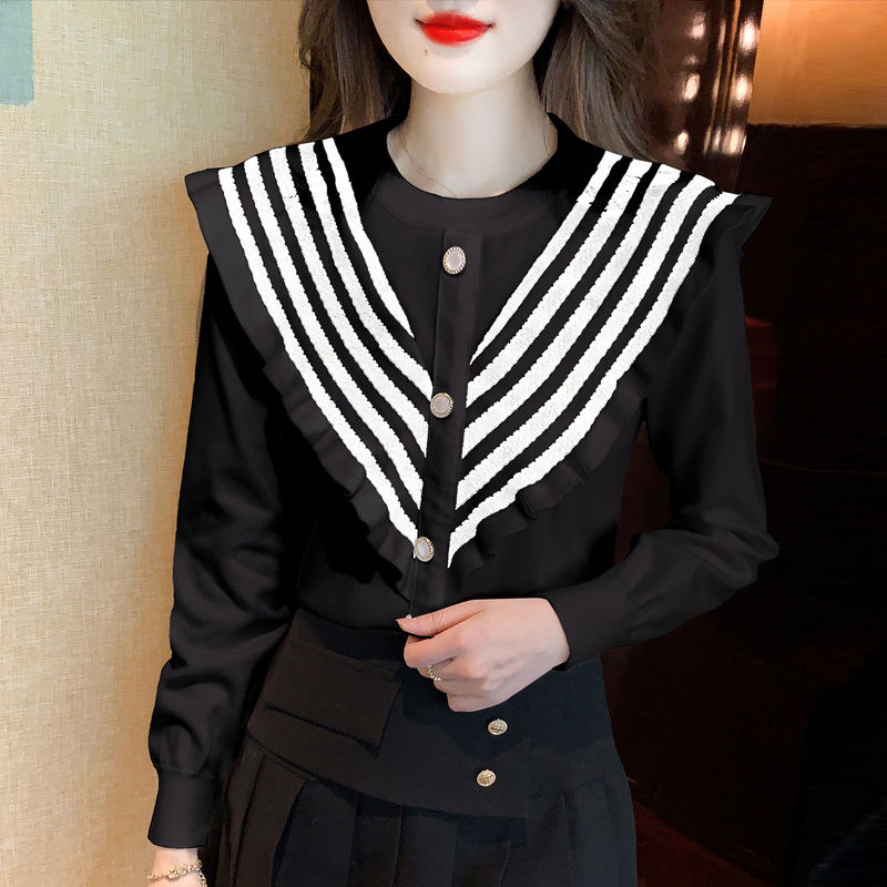 娃娃領條紋針織衫女春秋2023新款減齡洋氣打底小衫荷葉邊長袖上衣