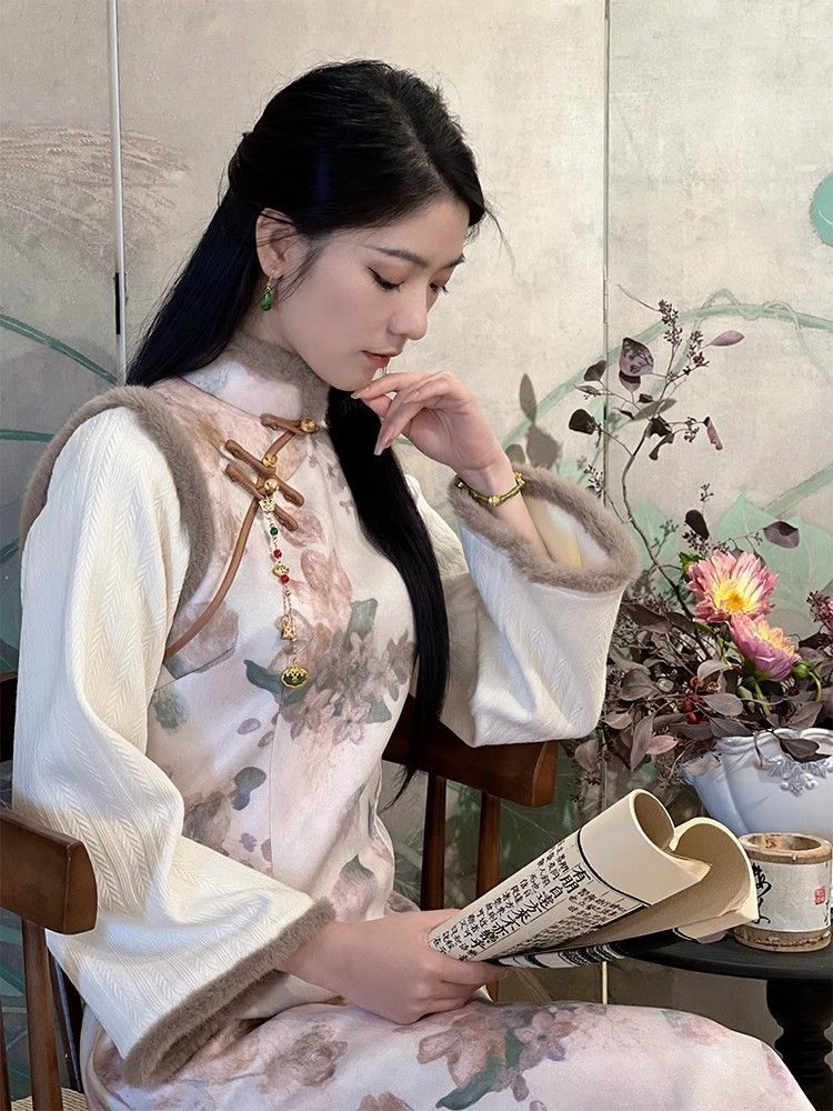「亦安夢」復古冬季旗袍麂皮絨2023秋冬新款加絨加厚新中式女改良