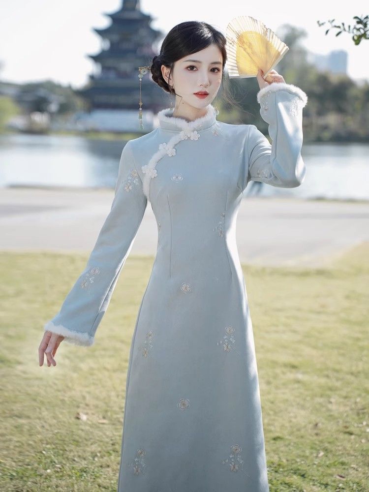 2023新中式復古民國風氣質高端年輕款少女旗袍改良連衣裙加絨加厚