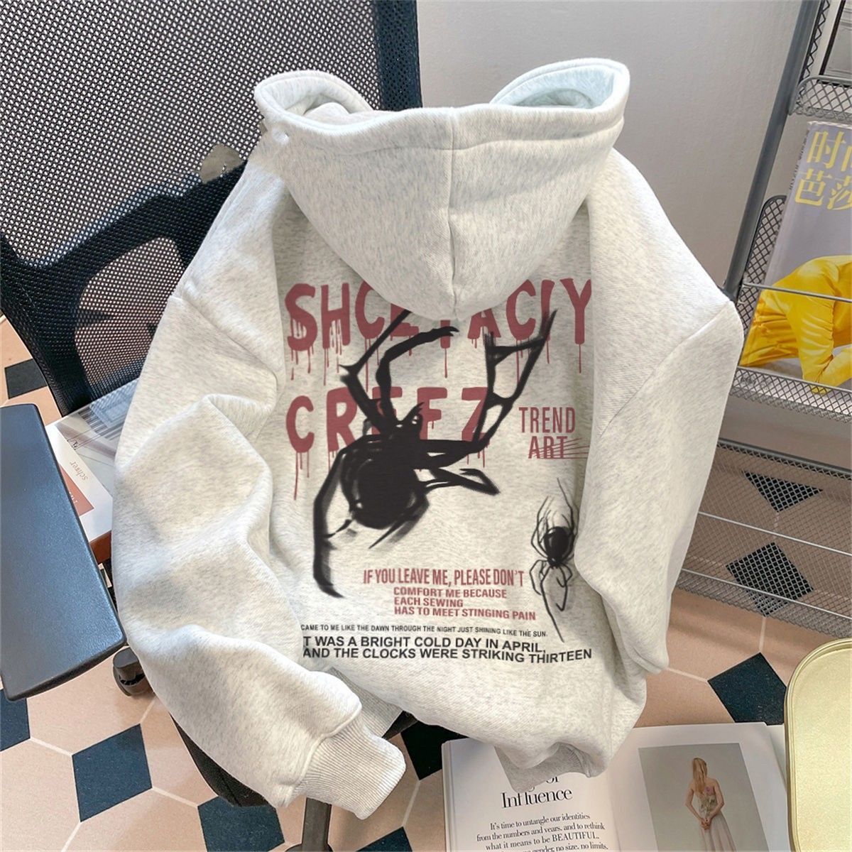 潮流蜘蛛印花加厚連帽衛衣女秋冬潮流高街新款情侶學生長袖外套潮