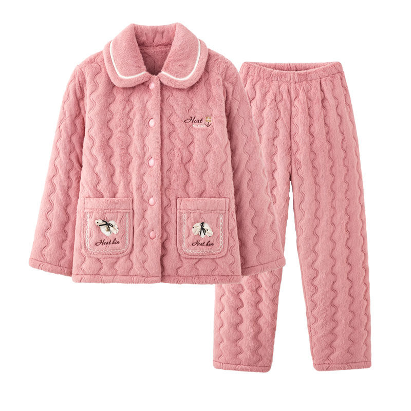 冬季夾棉貝貝絨睡衣女士三層大碼2023新款加厚加絨冬天家居服冬款