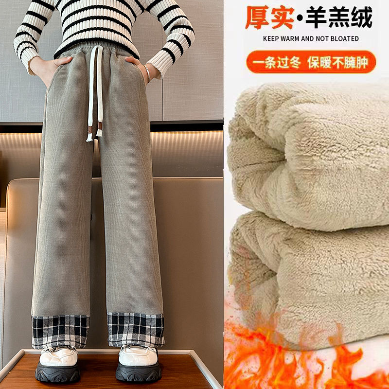 女童特厚羊駝絨冬款保暖洋氣拼接休閒褲2023新款中大童時尚直筒褲
