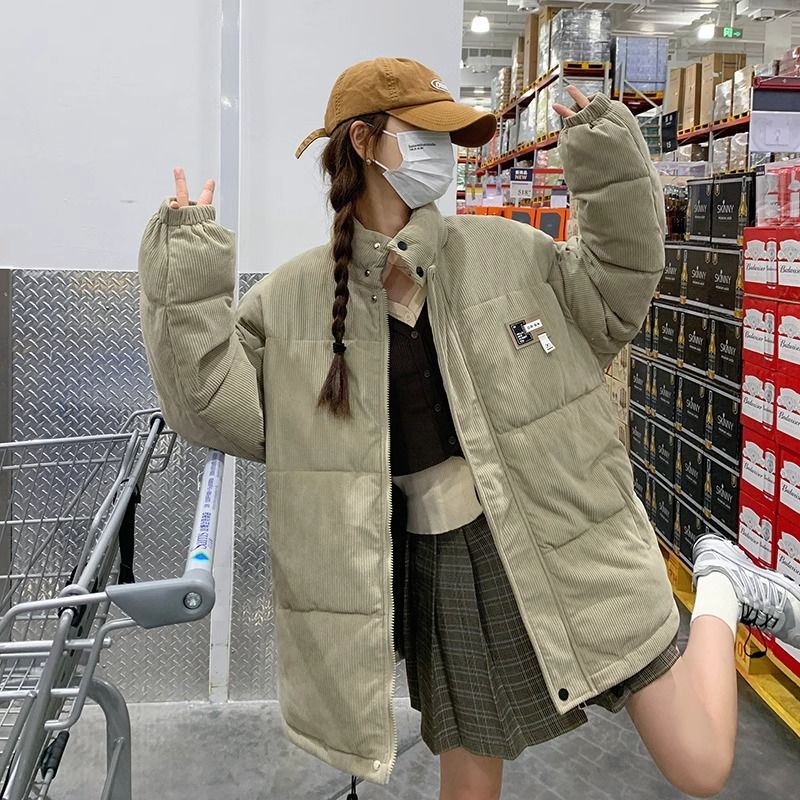 胖妹妹160斤燈芯絨棉服女冬季加厚麵包服大碼棉衣羽絨棉襖外套潮