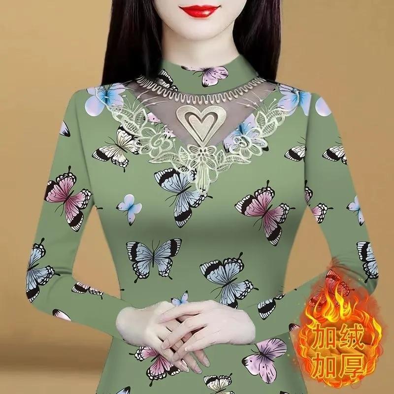 中老年加絨保暖蕾絲女冬打底防寒加厚秋冬季新款時尚印花長袖T恤