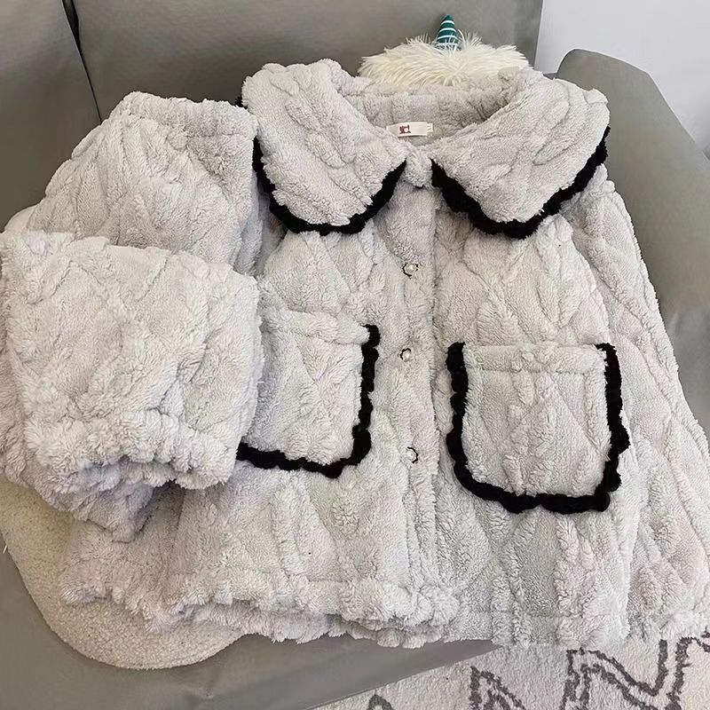 娃娃領冬季睡衣女特厚三層夾棉珊瑚絨加厚加絨保暖套裝家居服冬天