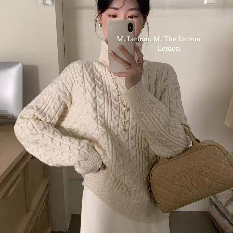 秋冬韓版慵懶風小眾設計感寬鬆保暖高領麻花毛衣女保暖內搭針織衫