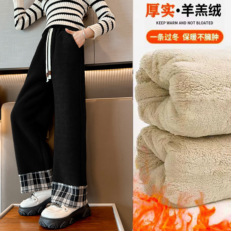 女童羊羔絨褲子冬季2023女孩中大童加絨兒童保暖加厚一體絨闊腿褲