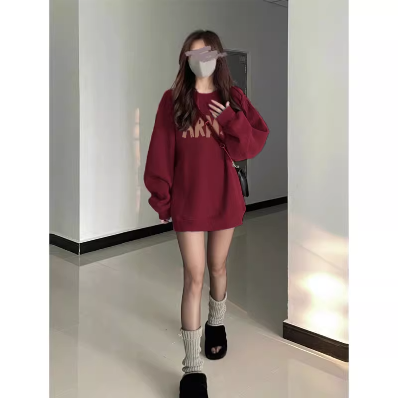 潮流酒紅色圓領衛衣女春秋季2023新款早秋寬鬆慵懶風港味chic上衣