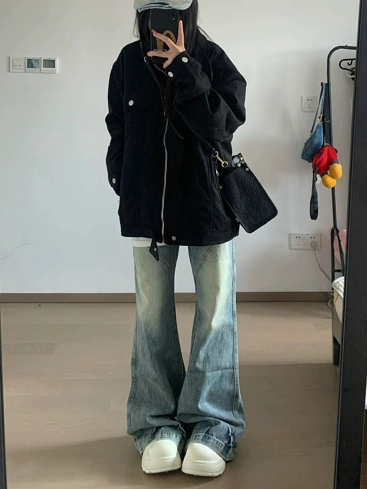 復古水洗闊腿牛仔褲女秋冬新款高腰寬鬆顯瘦垂感美式直筒拖地褲子