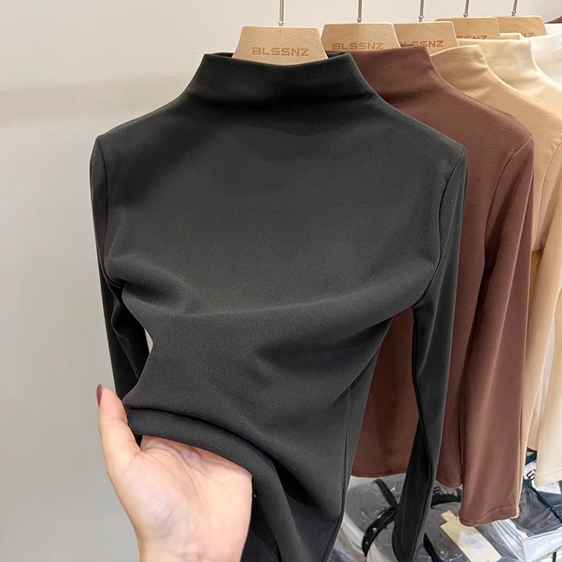 加厚德絨半高領保暖內衣女士加絨秋冬內穿發熱內搭冬季打底衫上衣