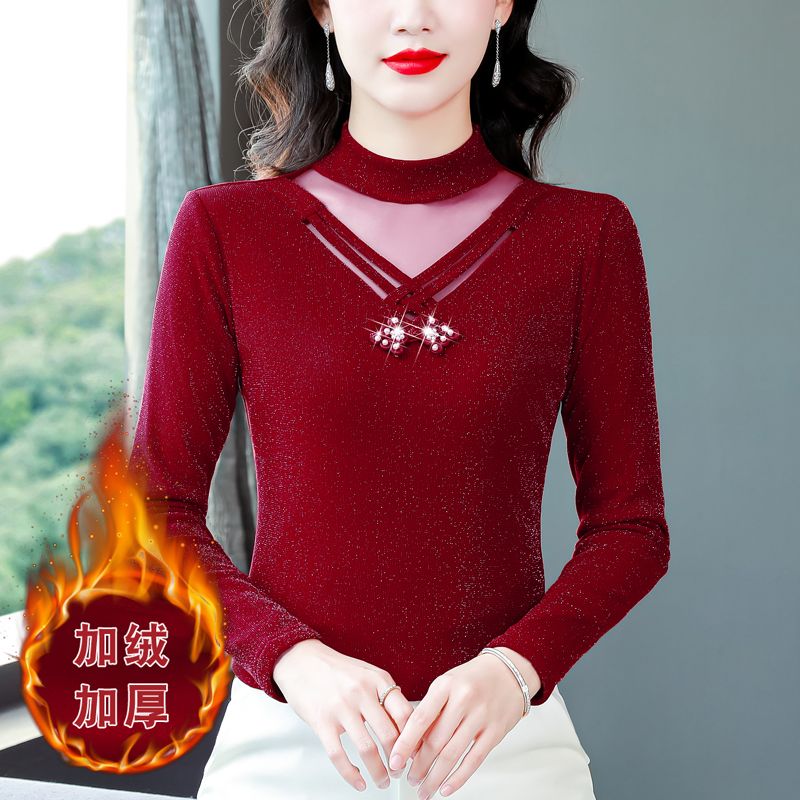 秋冬季新款百搭加絨保暖洋氣打底衫網紗蕾絲上衣遮肚減齡氣質小衫