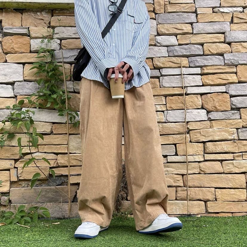 日系復古ins闊腿休閒褲男潮牌百搭燈芯絨褲子學生寬鬆墜感長褲女