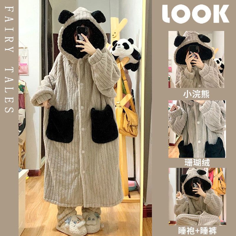 ins風小浣熊珊瑚絨連帽睡衣女冬季加絨加厚保暖法蘭絨家居服套裝