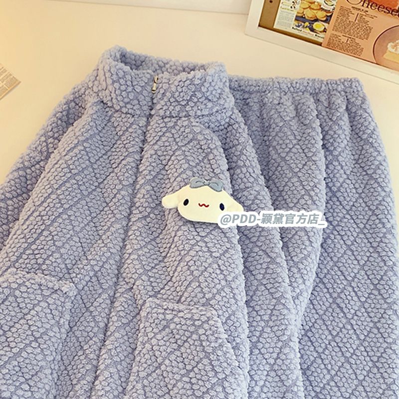 可外穿珊瑚絨睡衣女秋冬新款加絨加厚卡通玉桂狗法蘭絨家居服套裝