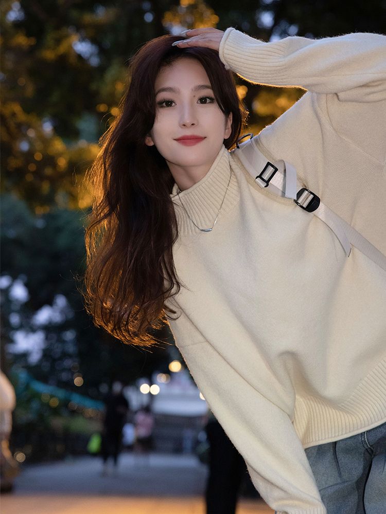 純色卷邊軟糯清新高領純色毛衣女2023秋冬新款寬鬆韓版慵懶風針織