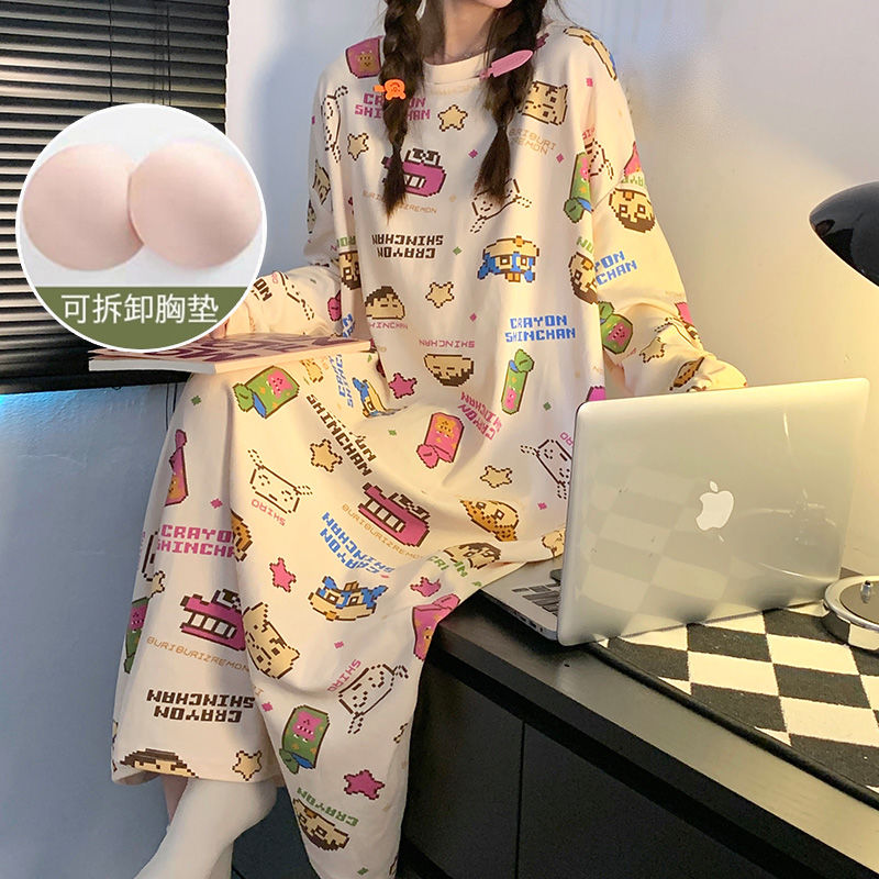 帶胸墊睡裙女春秋季長袖2024新款蠟筆小新200斤大碼加長睡衣裙子