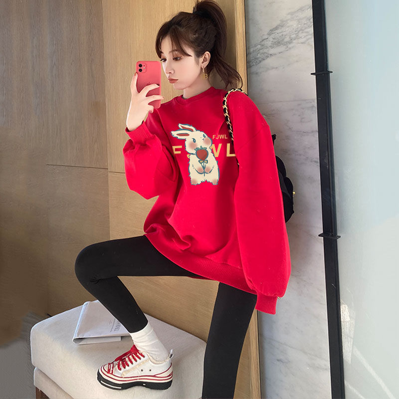 紅色衛衣女春秋薄款2023新款本命年衣服春季圓領無帽早秋印花上衣
