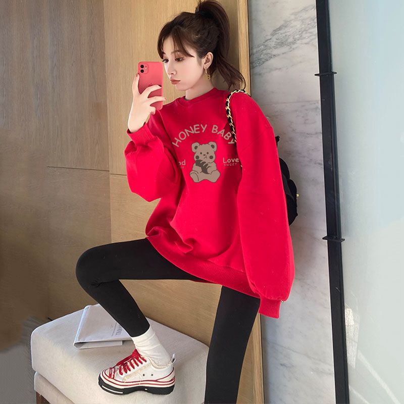 大紅色衛衣女無帽新款2023本命年時尚洋氣減齡秋冬季印花潮流上衣