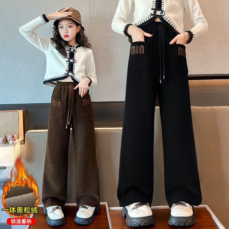 女童褲子秋冬外穿小學生一體絨冬款女大童加絨加厚冬季兒童闊腿褲