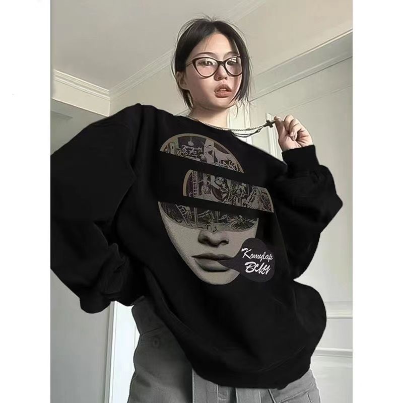黑色圓領衛衣女春秋冬季2023新款加絨上衣百搭韓版潮流休閒外套