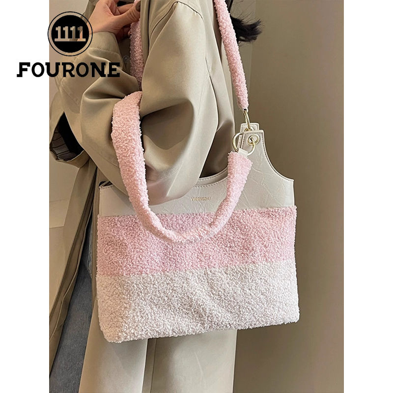 Lamb wool bag women's new fashion contrasting color design shoulder armpit bag internet celebrity fur tote bag