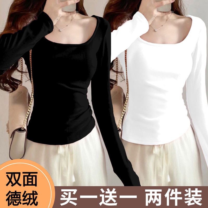 德絨方領白色內搭打底衫女秋冬季2023新款辣妹純欲茶藝風低領上衣