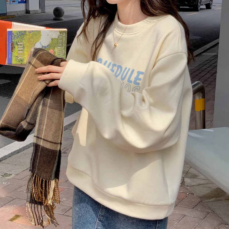 國潮美式高街加絨圓領衛衣女2023新款慵懶風奶系春秋長袖外套上衣