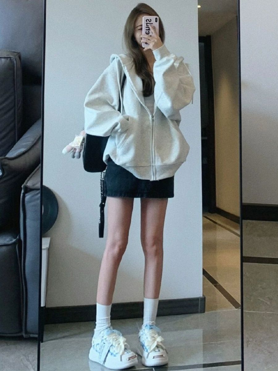 美式灰白色衛衣女春秋oversize復古連帽薄款外套寬鬆慵懶開衫上衣