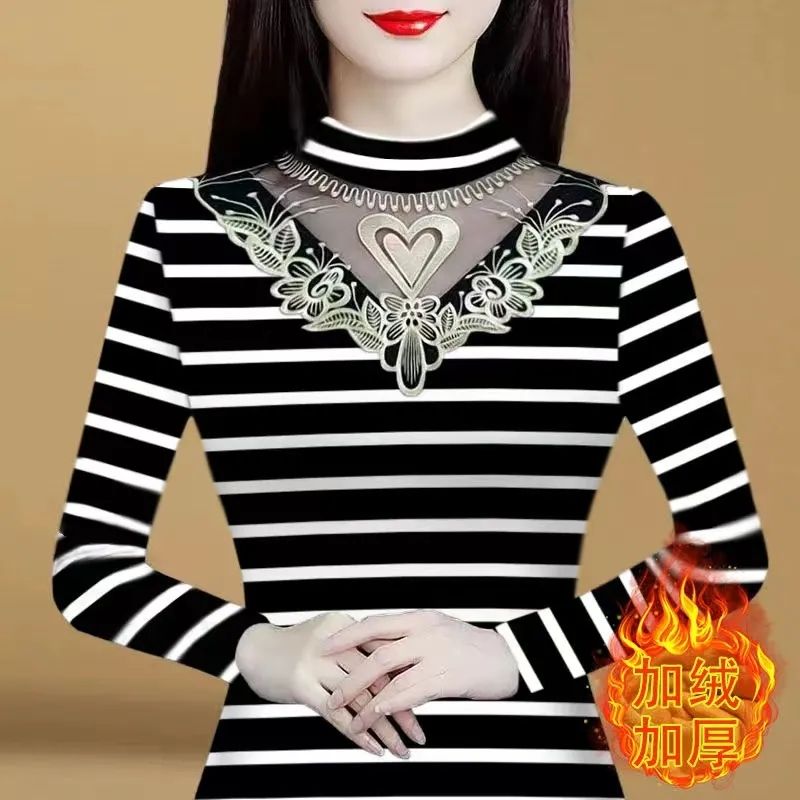 半高領加絨打底衫女秋冬新款洋氣印花保暖中老年修身內搭小衫上衣